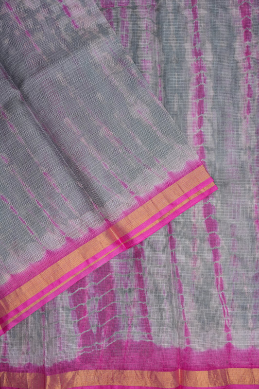 Silk Kota Shibori Tie & Dye Saree - Grey and Pink