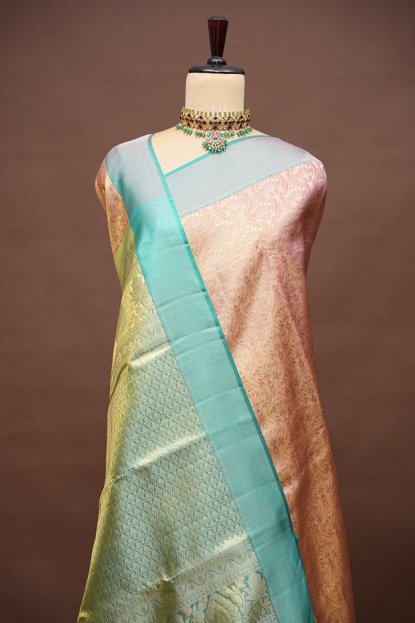 Peach Pink & Turquoise Green Pure Tissue Kanchipuram Silk Saree|Silk Mark Certified