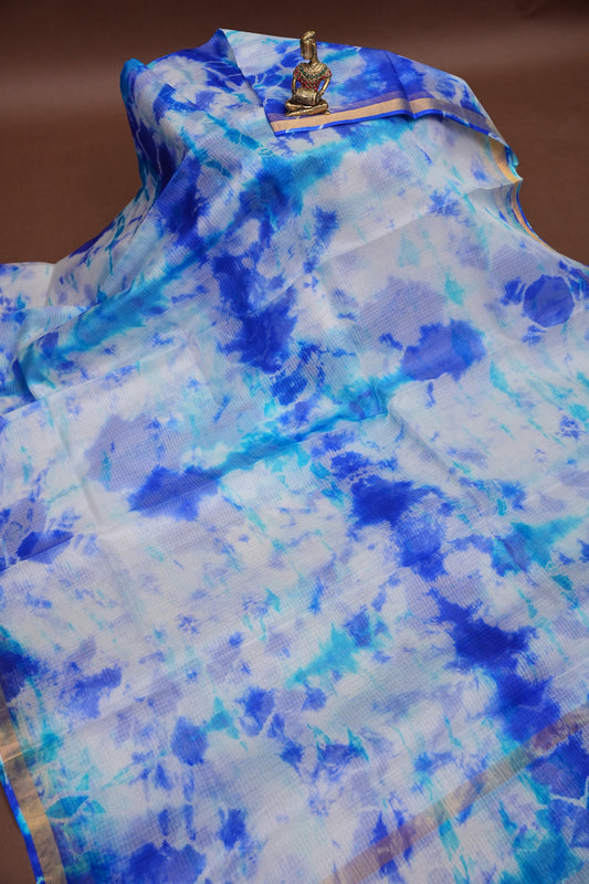 Silk Kota Shibori Tie & Dye Saree - White and Blue