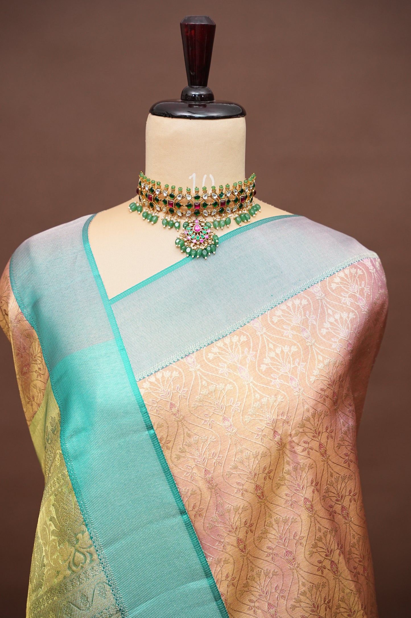 Peach Pink & Turquoise Green Pure Tissue Kanchipuram Silk Saree|Silk Mark Certified