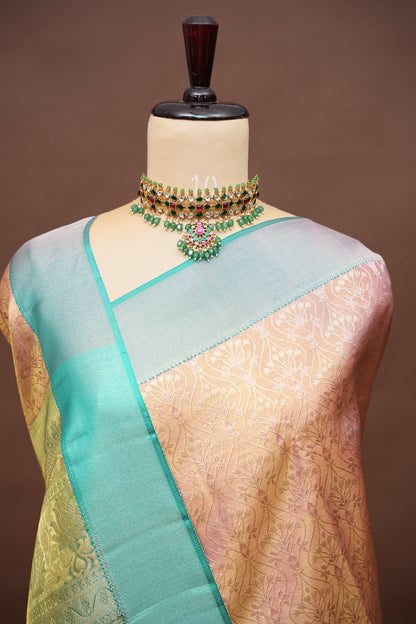 Peach Pink & Turquoise Green Pure Tissue Kanchipuram Silk Saree|Silk Mark Certified