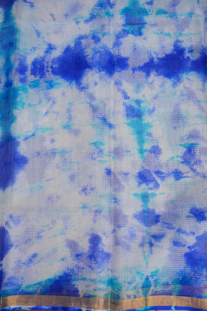 Silk Kota Shibori Tie & Dye Saree - White and Blue