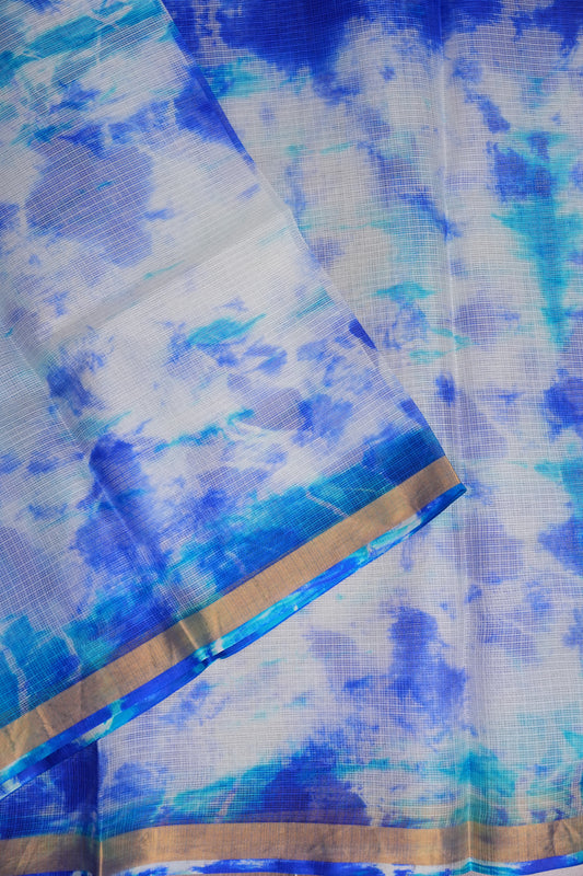 Silk Kota Shibori Tie & Dye Saree - White and Blue