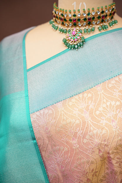 Peach Pink & Turquoise Green Pure Tissue Kanchipuram Silk Saree|Silk Mark Certified