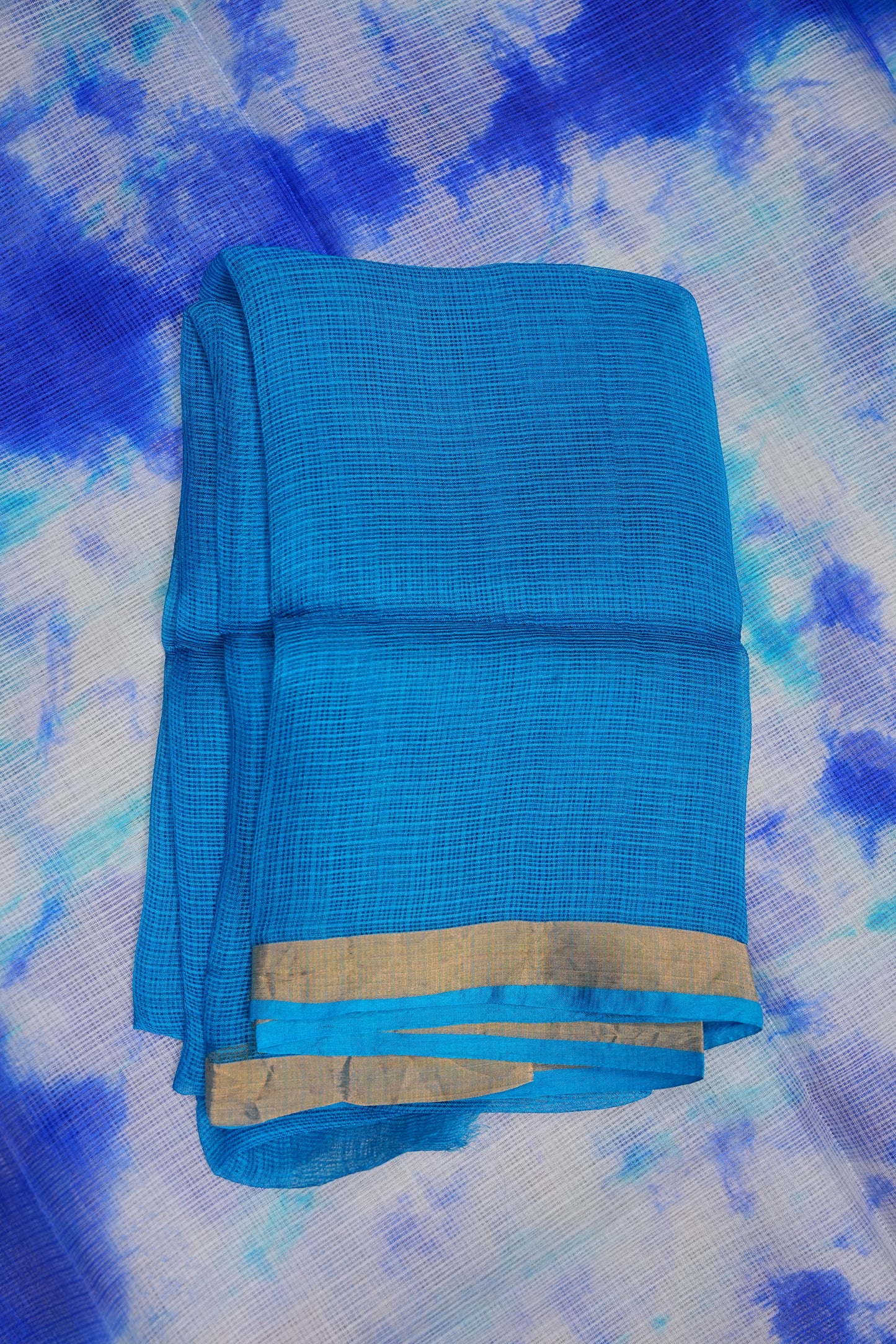 Silk Kota Shibori Tie & Dye Saree - White and Blue