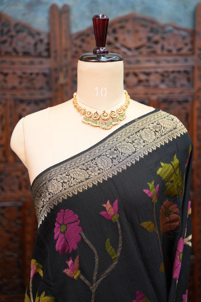 Soft Matka Banarasi Saree with Needle Design Work – Black