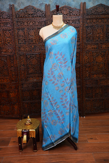 Semi Crepe Saree with Floral Design & Small Border – Sky Blue