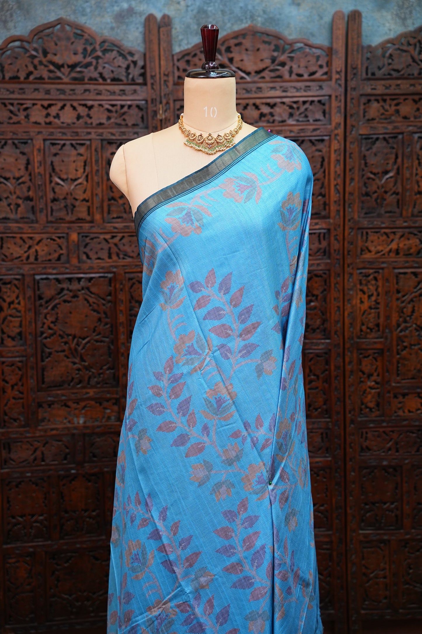 Semi Crepe Saree with Floral Design & Small Border – Sky Blue
