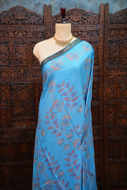 Semi Crepe Saree with Floral Design & Small Border – Sky Blue