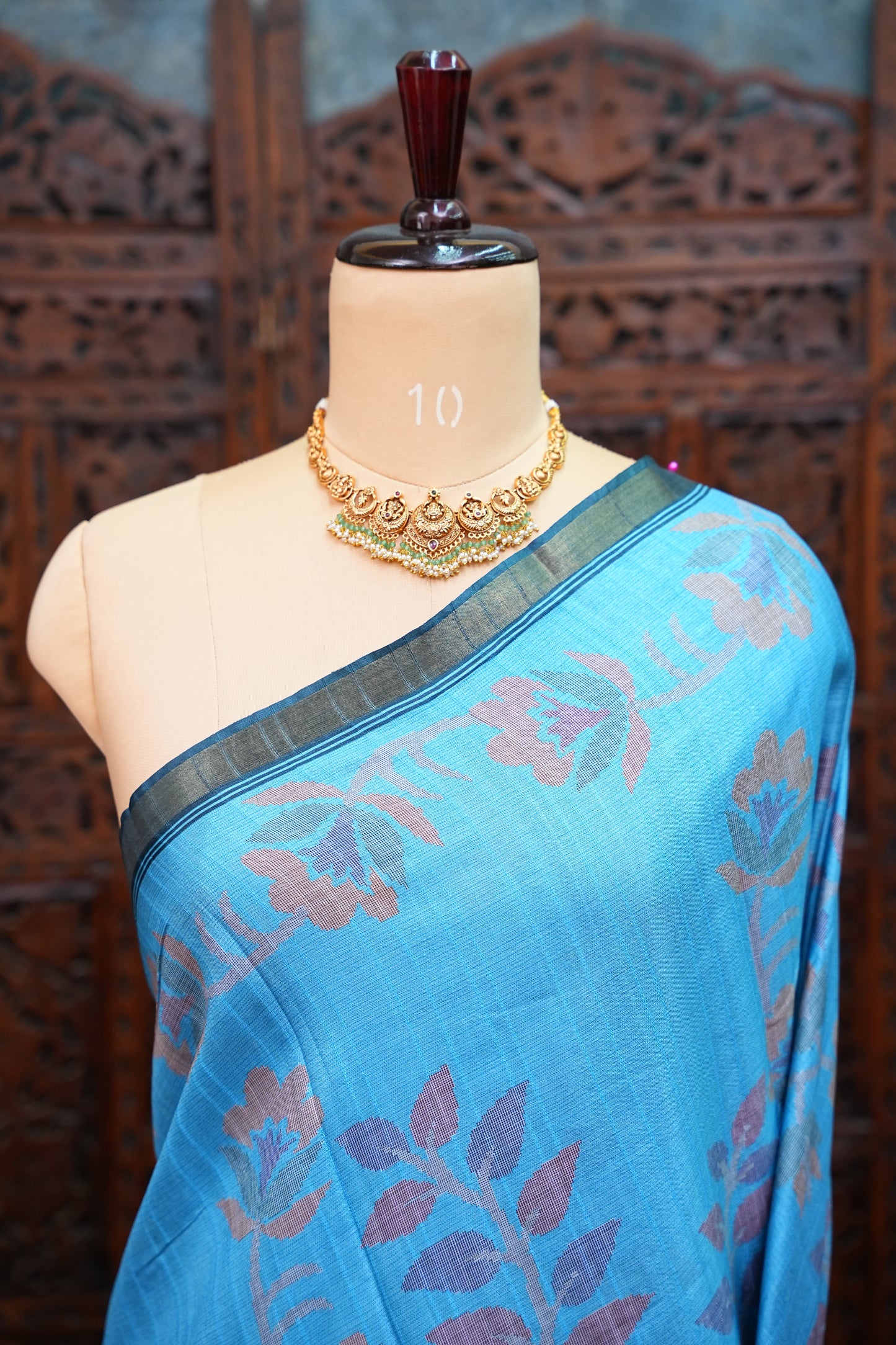 Semi Crepe Saree with Floral Design & Small Border – Sky Blue