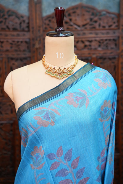 Semi Crepe Saree with Floral Design & Small Border – Sky Blue