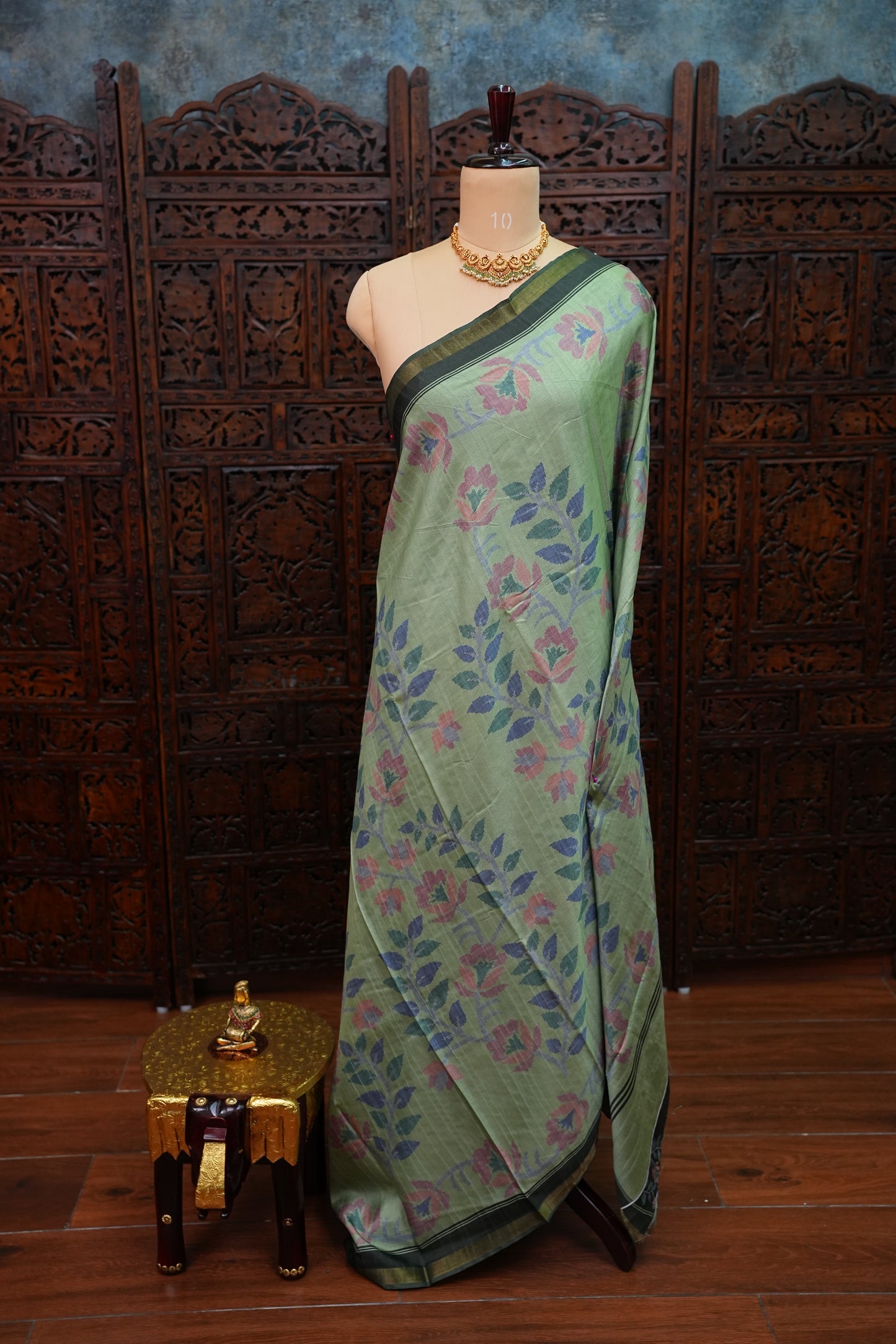 Semi Crepe Saree with Floral Design & Small Border – Sage Green