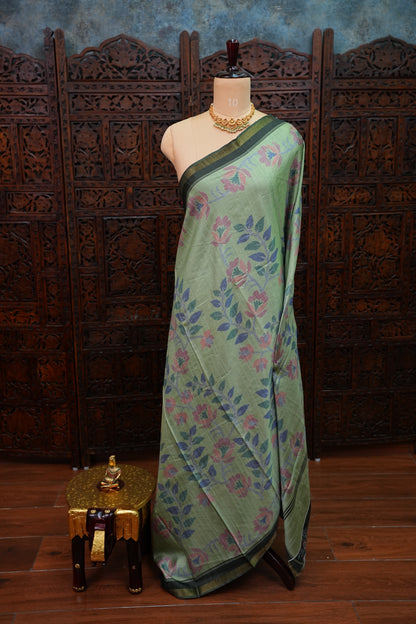Semi Crepe Saree with Floral Design & Small Border – Sage Green
