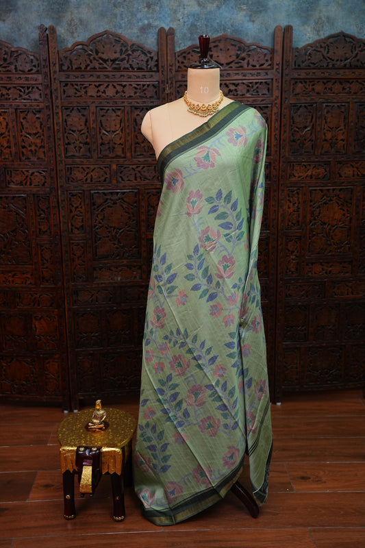 Semi Crepe Saree with Floral Design & Small Border – Sage Green