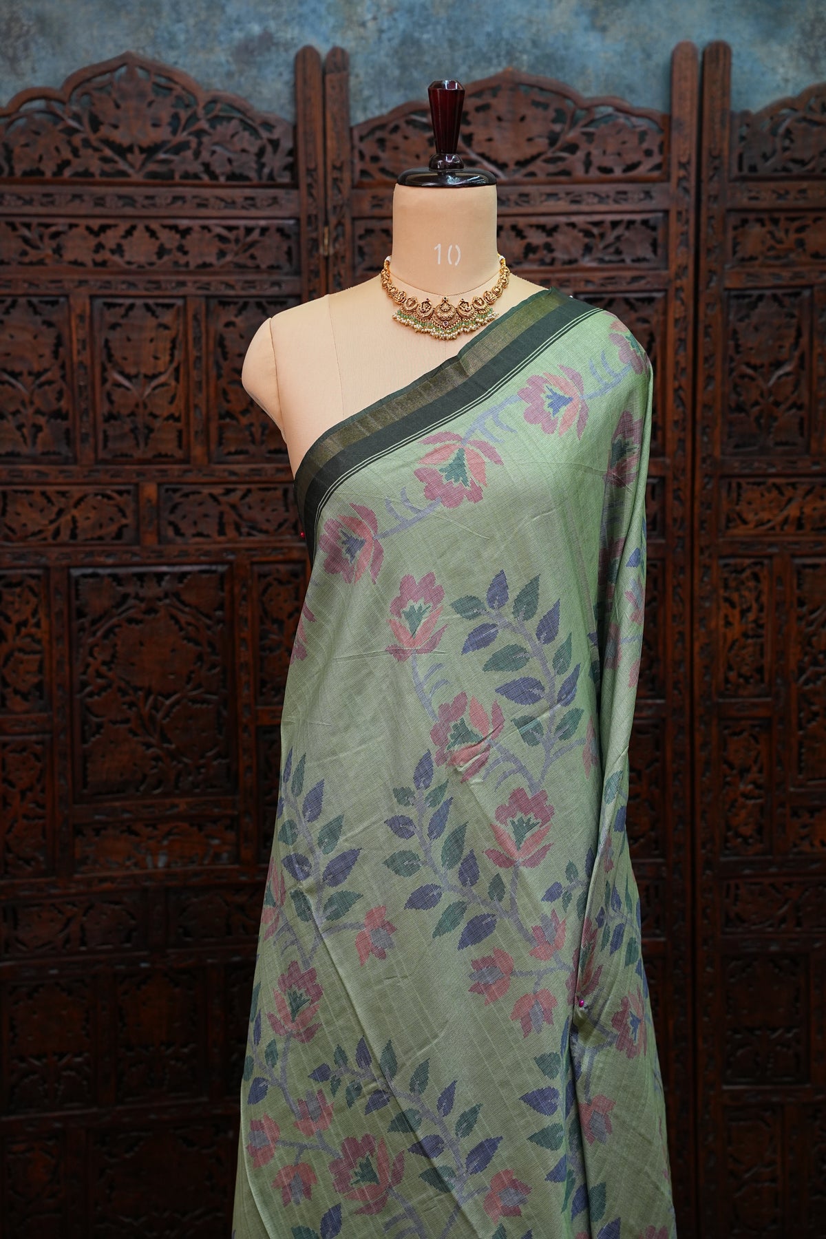 Semi Crepe Saree with Floral Design & Small Border – Sage Green
