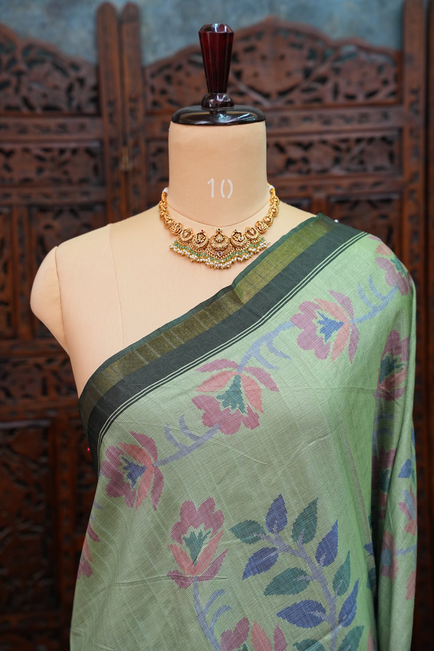Semi Crepe Saree with Floral Design & Small Border – Sage Green