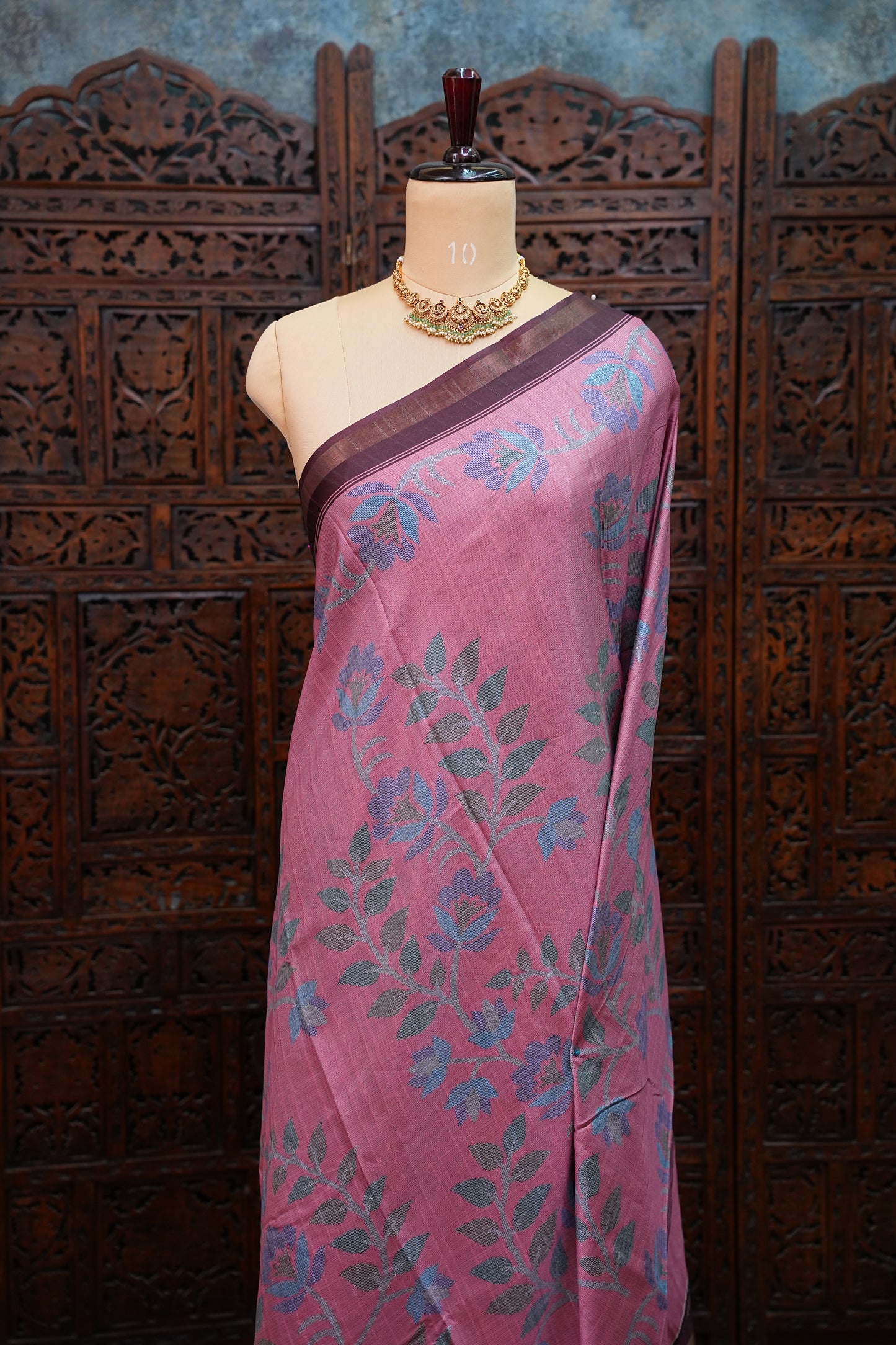 Semi Crepe Saree with Floral Design & Small Border – Dusty Pink