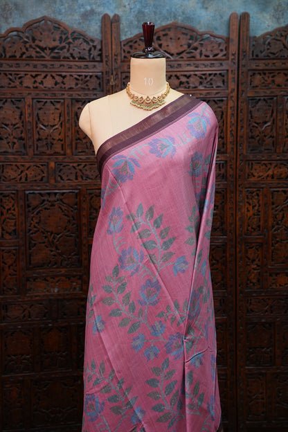 Semi Crepe Saree with Floral Design & Small Border – Dusty Pink