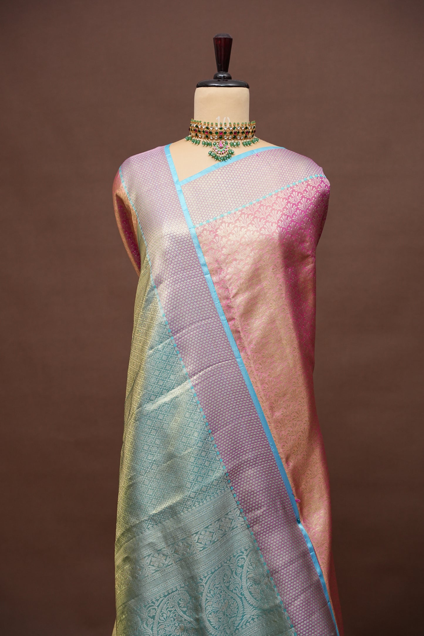 Pinkish Peach & Aqua Blue Pure Tissue Kanchipuram Silk Saree|Silk Mark Certified