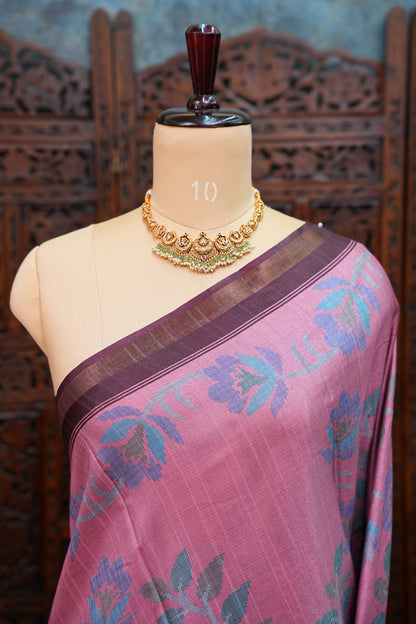 Semi Crepe Saree with Floral Design & Small Border – Dusty Pink