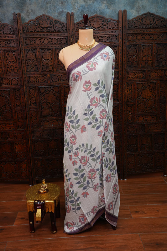 Semi Crepe Saree with Floral Design & Small Border – Ivory White