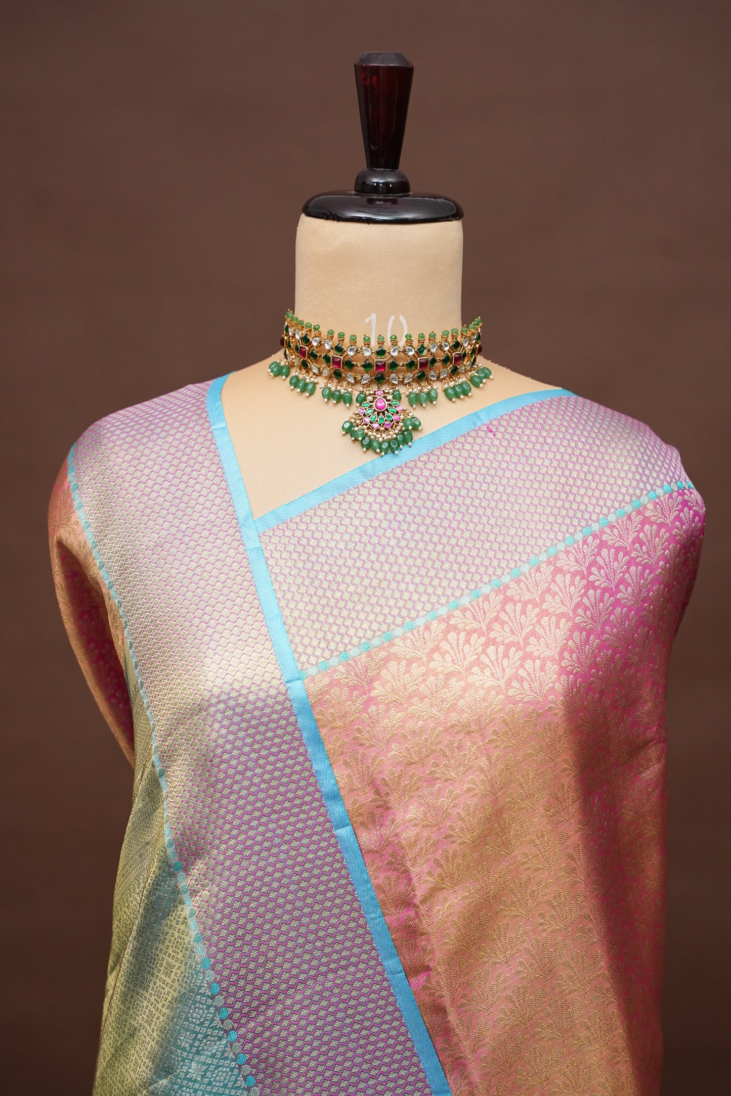 Pinkish Peach & Aqua Blue Pure Tissue Kanchipuram Silk Saree|Silk Mark Certified