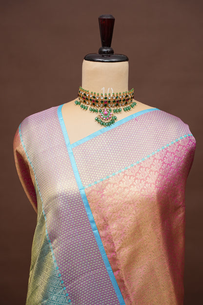Pinkish Peach & Aqua Blue Pure Tissue Kanchipuram Silk Saree|Silk Mark Certified