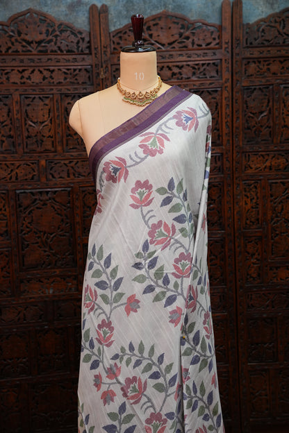 Semi Crepe Saree with Floral Design & Small Border – Ivory White