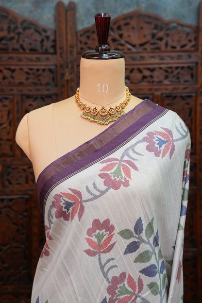 Semi Crepe Saree with Floral Design & Small Border – Ivory White
