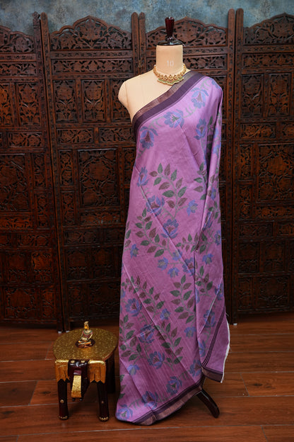 Semi Crepe Saree with Floral Design & Small Border – Lavender Purple