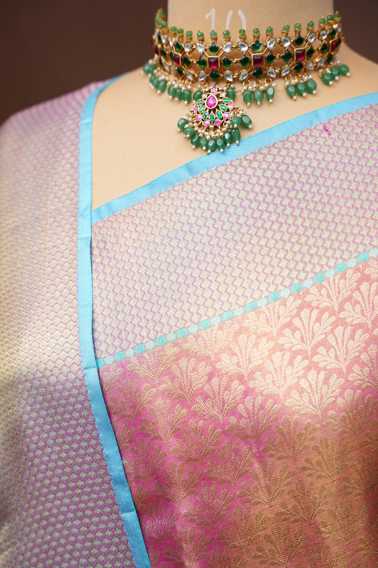 Pinkish Peach & Aqua Blue Pure Tissue Kanchipuram Silk Saree|Silk Mark Certified