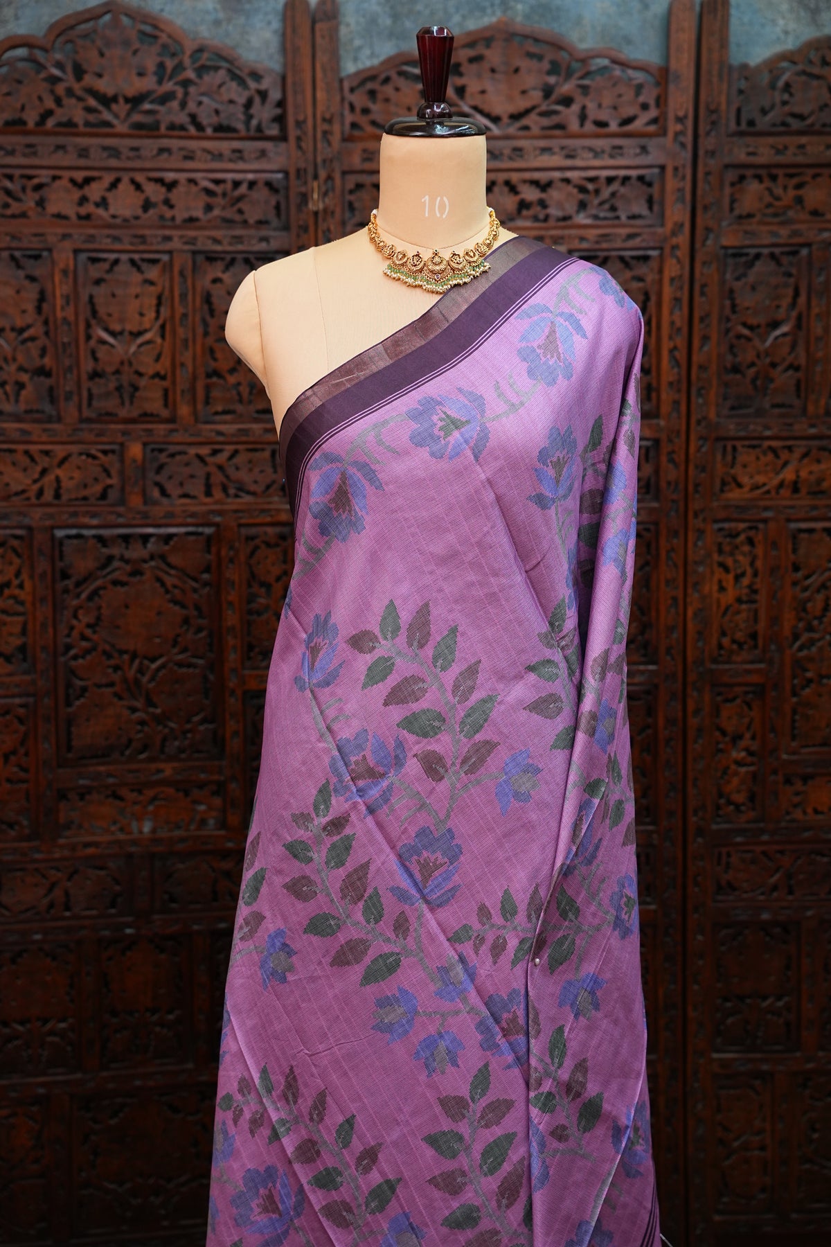 Semi Crepe Saree with Floral Design & Small Border – Lavender Purple