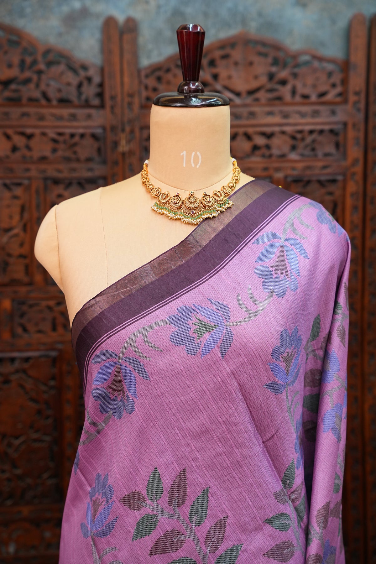 Semi Crepe Saree with Floral Design & Small Border – Lavender Purple
