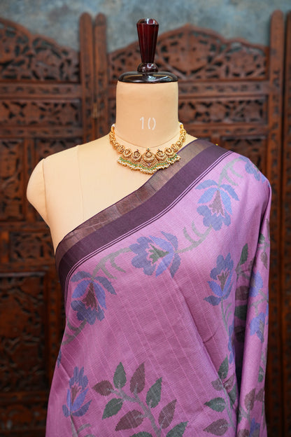 Semi Crepe Saree with Floral Design & Small Border – Lavender Purple