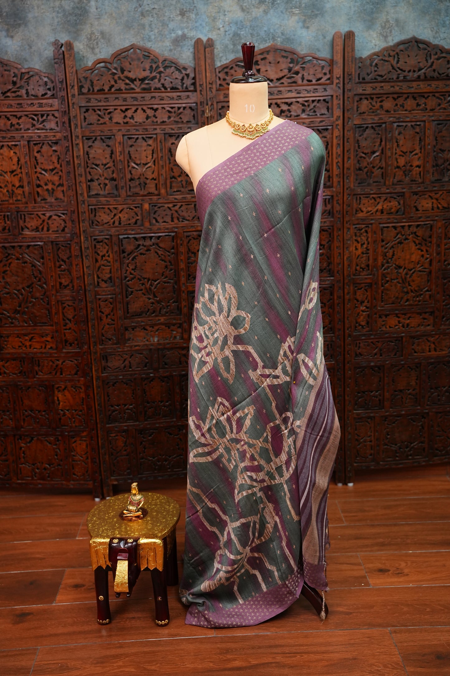 Semi Tussar Saree with Floral Printed Pallu & Striped Blouse – Charcoal Grey & Plum
