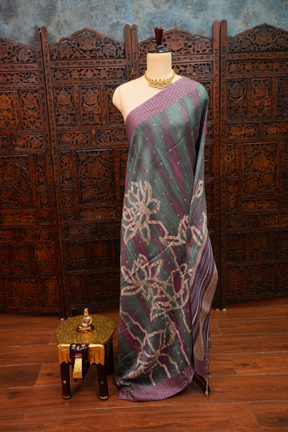 Semi Tussar Saree with Floral Printed Pallu & Striped Blouse – Charcoal Grey & Plum