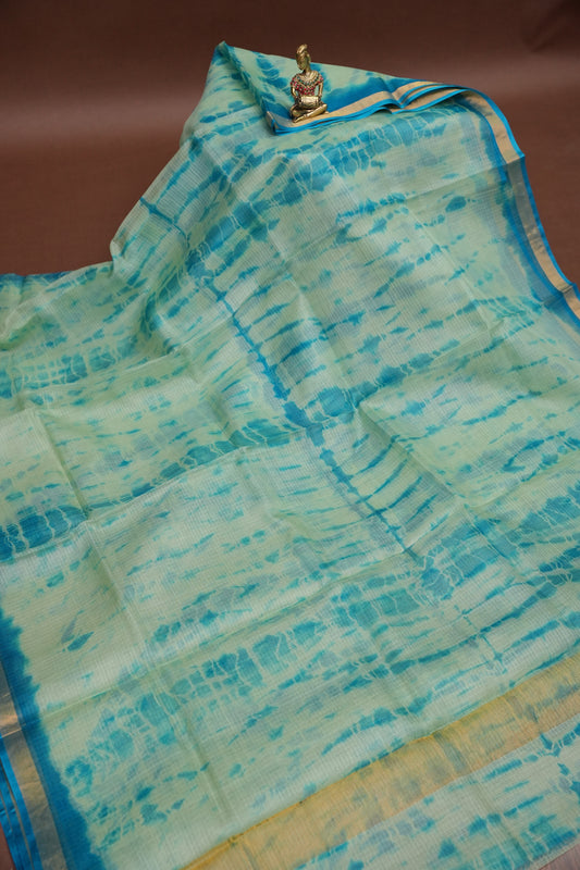 Silk Kota Shibori Tie & Dye Saree - Sage Green & Blue
