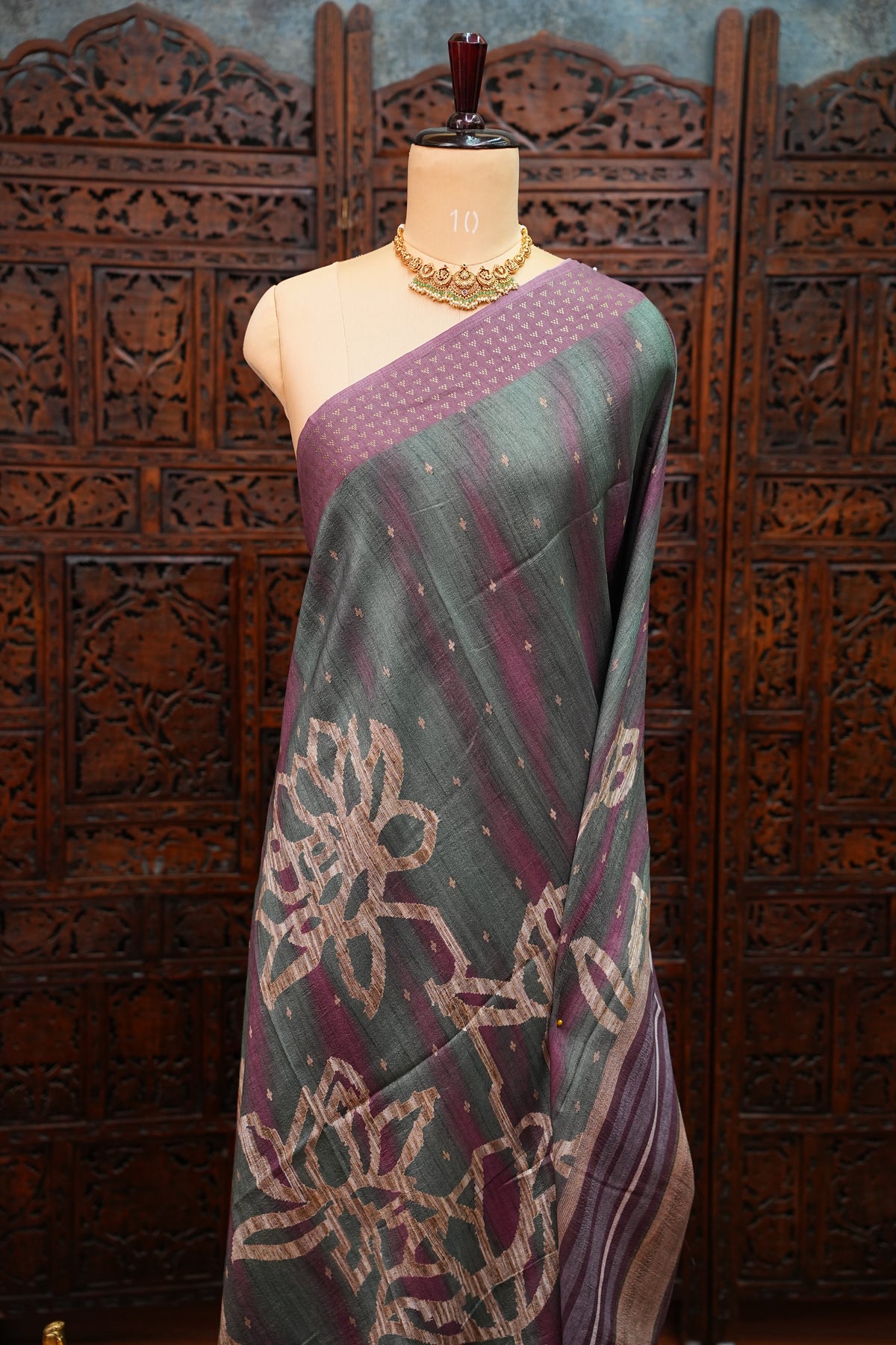 Semi Tussar Saree with Floral Printed Pallu & Striped Blouse – Charcoal Grey & Plum