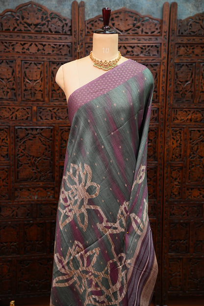 Semi Tussar Saree with Floral Printed Pallu & Striped Blouse – Charcoal Grey & Plum