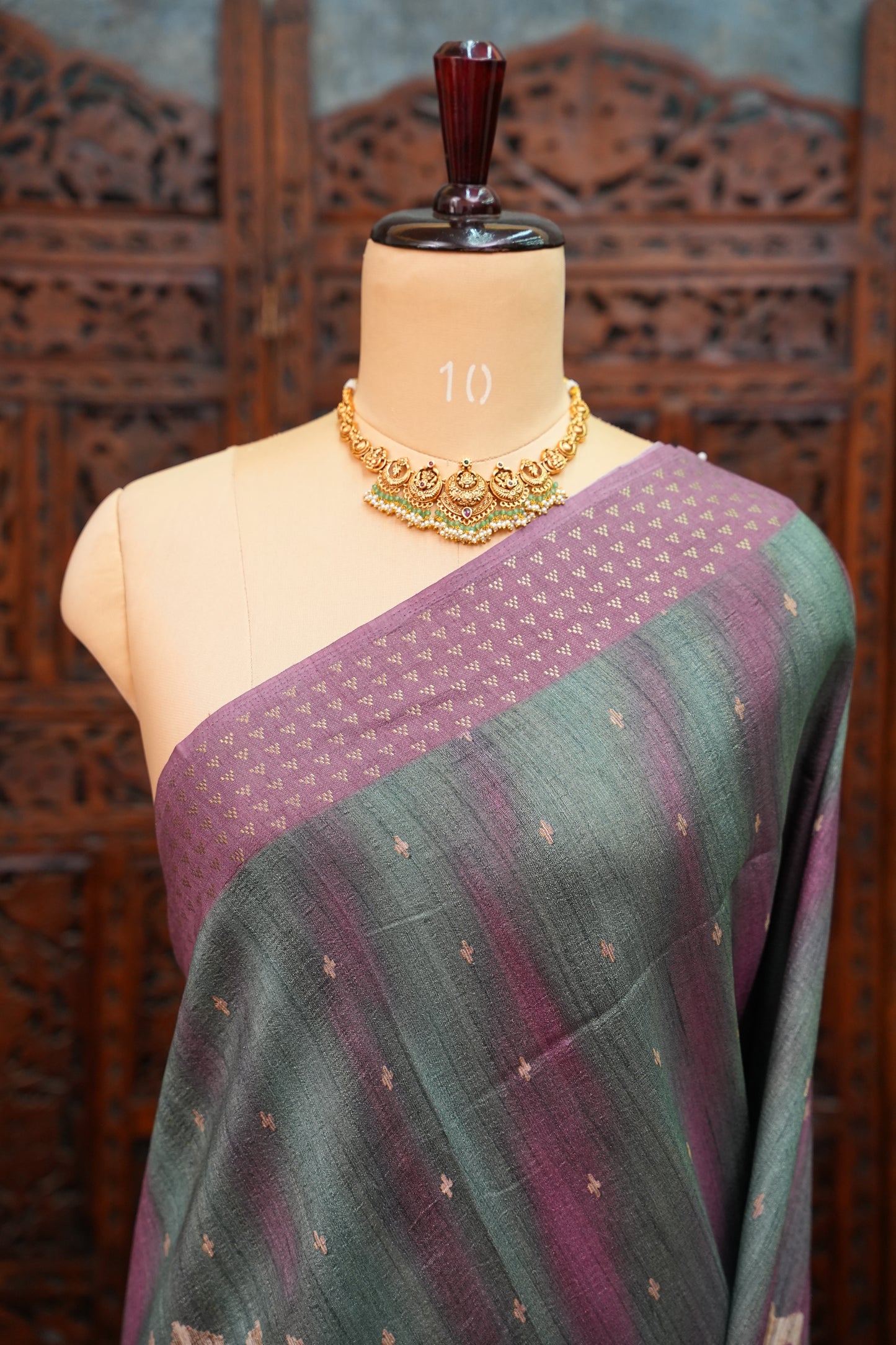 Semi Tussar Saree with Floral Printed Pallu & Striped Blouse – Charcoal Grey & Plum
