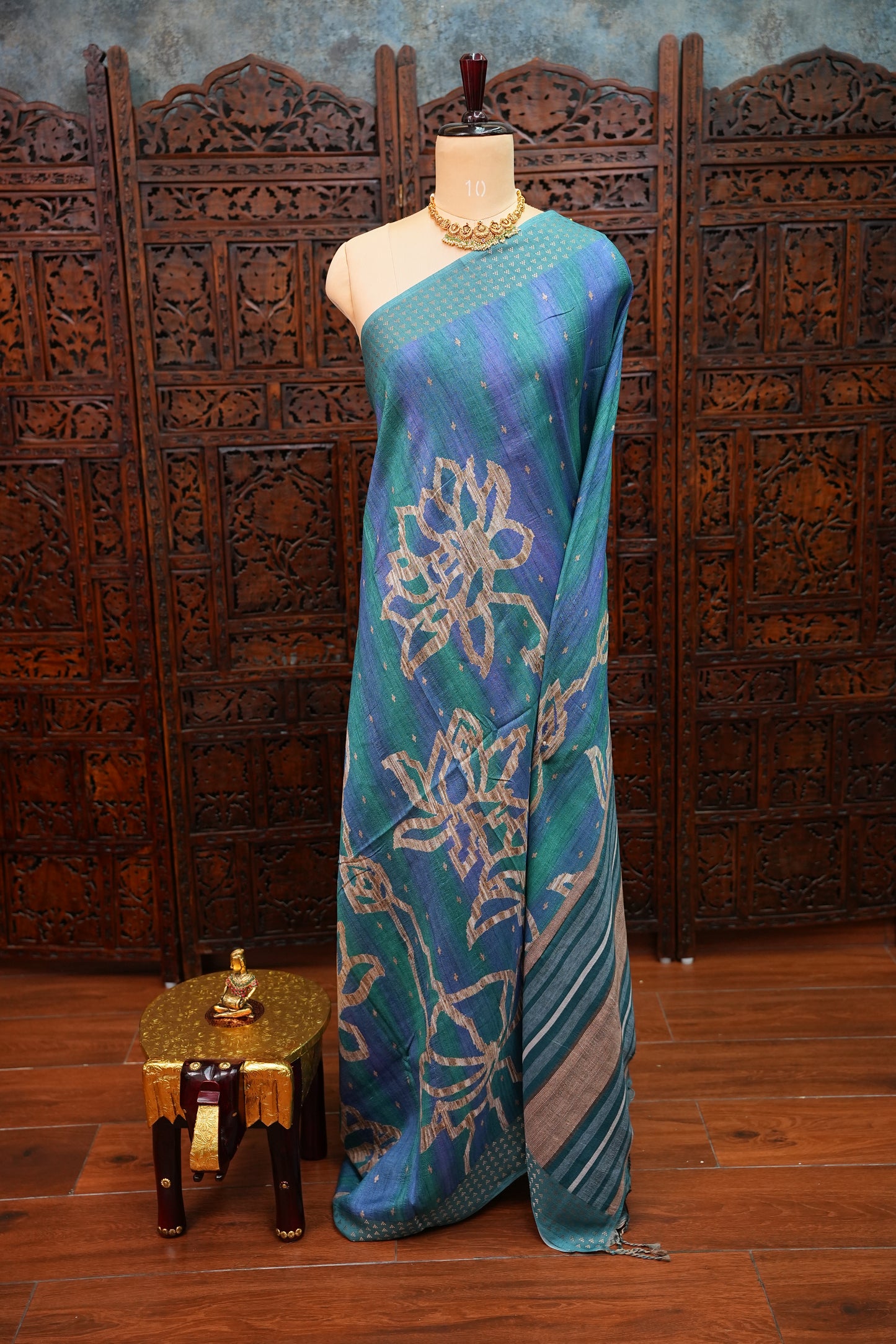 Semi Tussar Saree with Floral Printed Pallu & Striped Blouse – Teal Blue