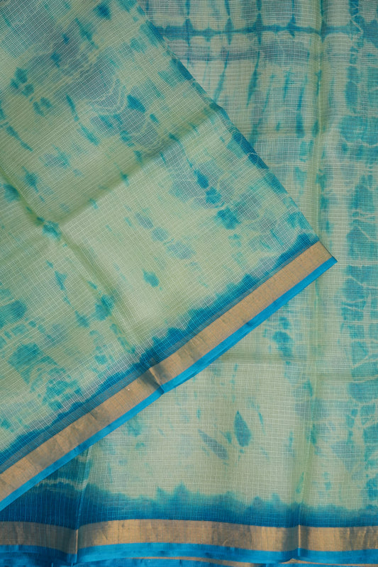 Silk Kota Shibori Tie & Dye Saree - Sage Green & Blue