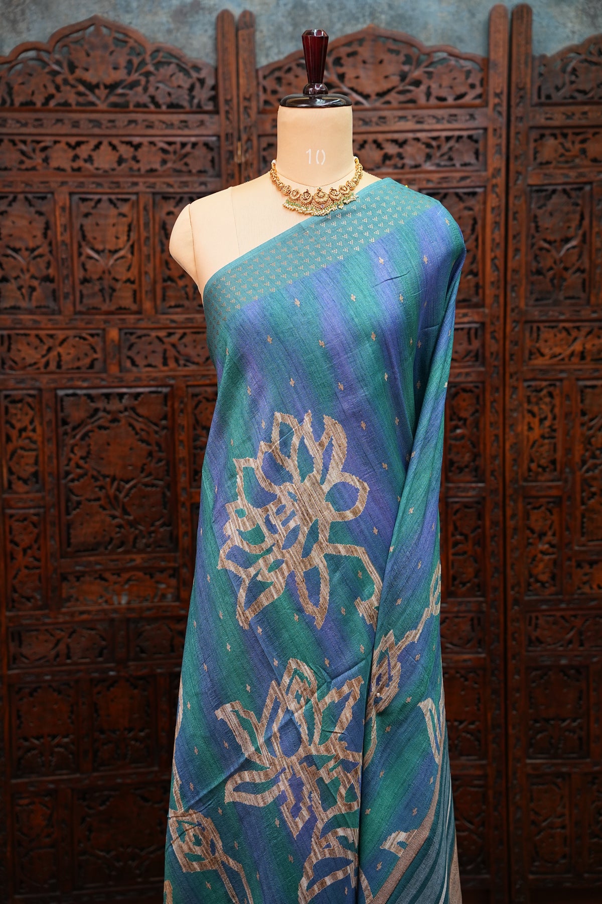 Semi Tussar Saree with Floral Printed Pallu & Striped Blouse – Teal Blue