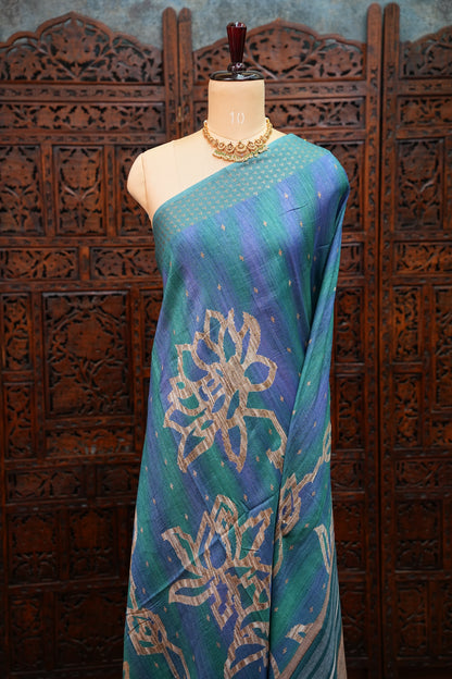 Semi Tussar Saree with Floral Printed Pallu & Striped Blouse – Teal Blue