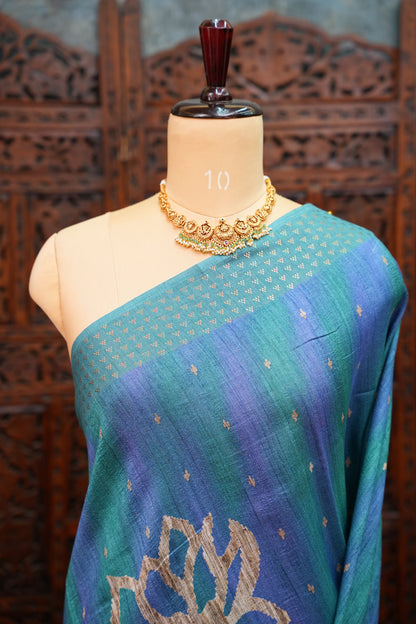 Semi Tussar Saree with Floral Printed Pallu & Striped Blouse – Teal Blue