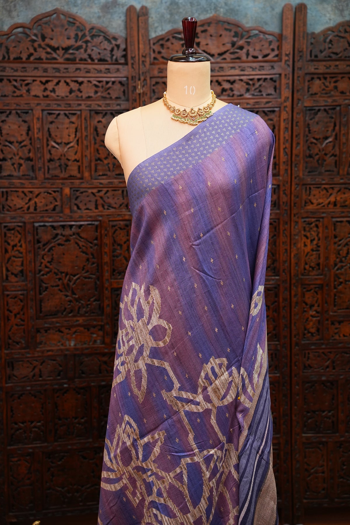 Semi Tussar Saree with Floral Printed Pallu & Striped Blouse – Purple
