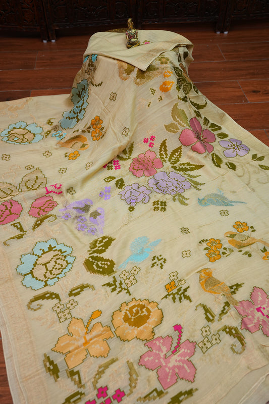 Soft Matka Banarasi Saree with Needle Design Work – Half White