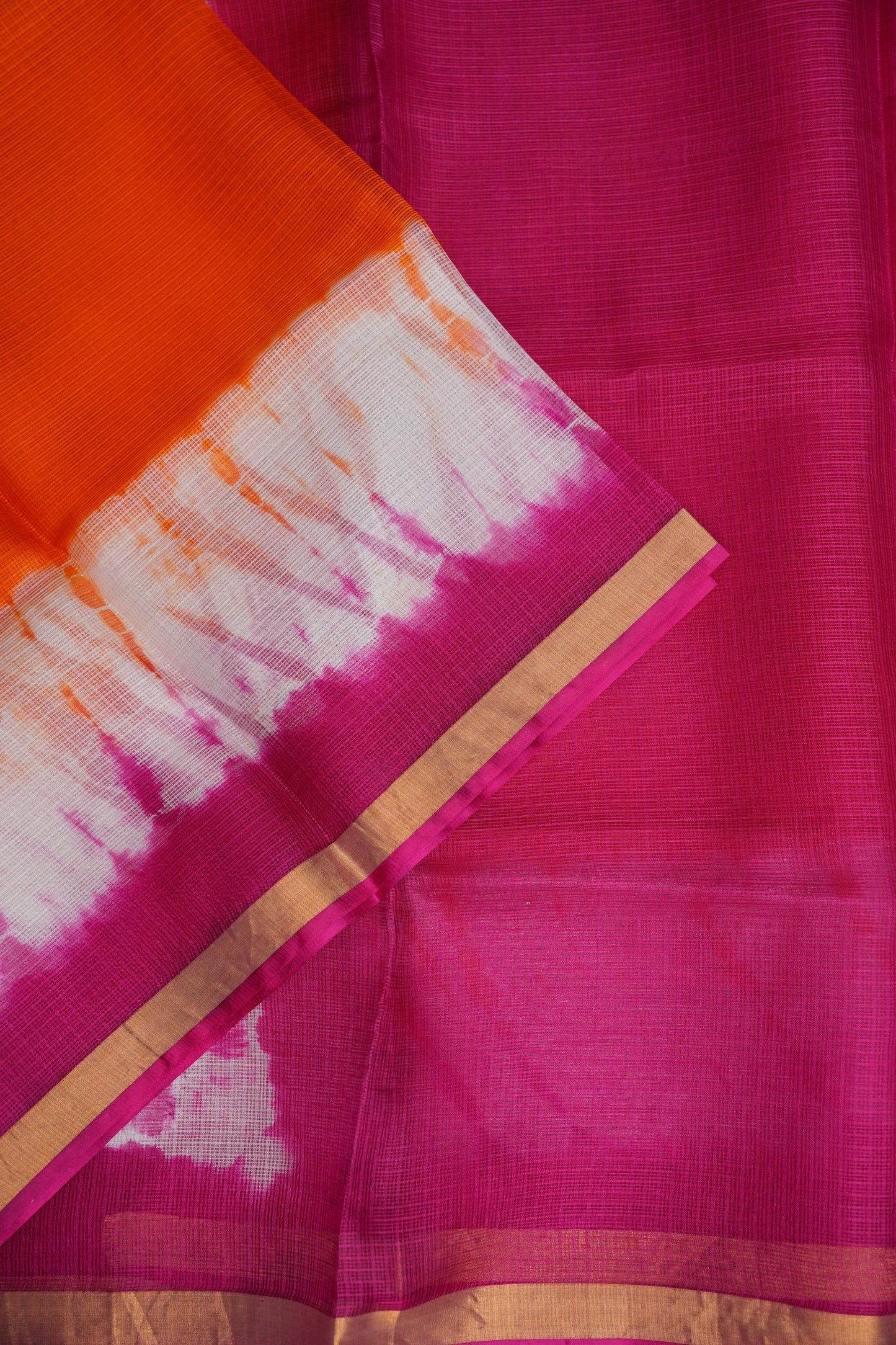 Silk Kota Shibori Tie & Dye Saree - Orange and Pink