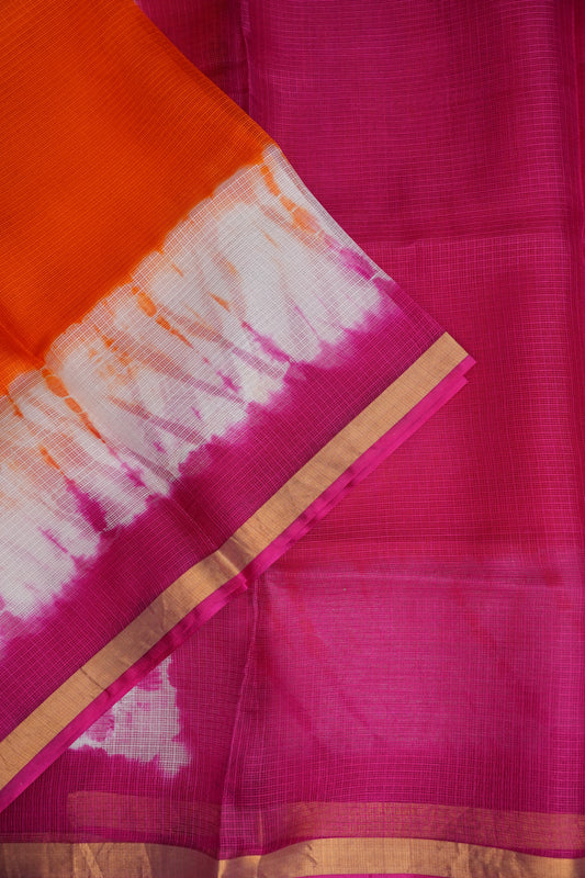 Silk Kota Shibori Tie & Dye Saree - Orange and Pink