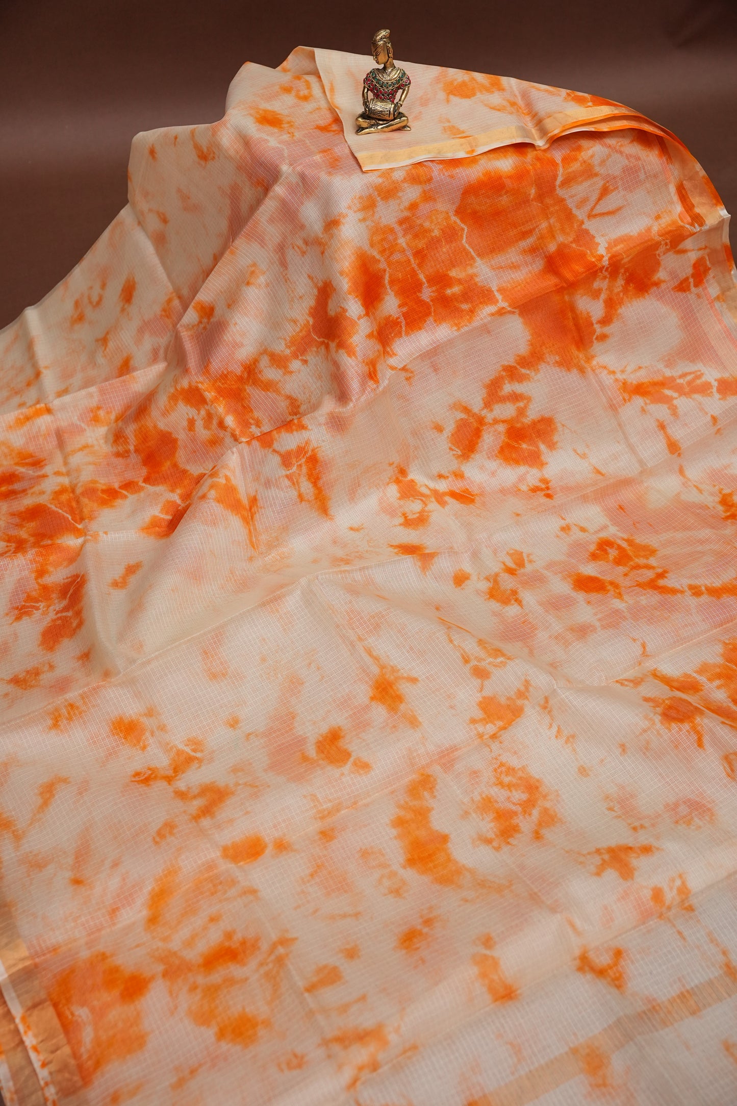 Silk Kota Shibori Tie & Dye Saree - Orange and White